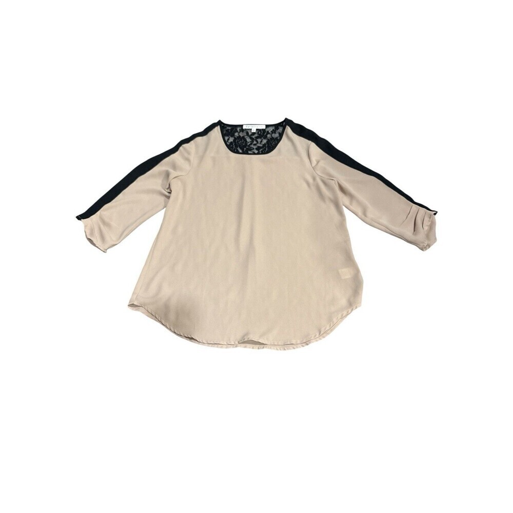 Daniel Rainn Beige Black Lace Yoke Blouse Size S Sheer Back 3/4 Sleeve Career